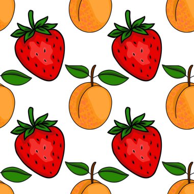 Canlı kırmızı çilekler ve beyaz arka planda yeşil yapraklı sulu turuncu kayısıların kusursuz vektör deseni..