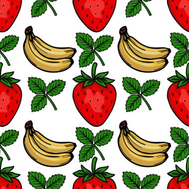 Canlı kırmızı çilekler ve temiz beyaz arka planda yeşil yapraklı sarı muzlar içeren kusursuz vektör deseni taze ve neşeli bir yaz meyvesi temasını çağrıştırıyor..