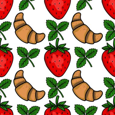 Beyaz arka planda yeşil yapraklı stilize kırmızı çilekler ve altın kruvasan içeren kusursuz vektör deseni.