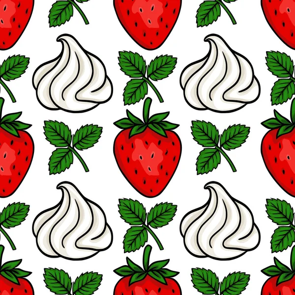Taze yeşil yapraklarla vurgulanmış parlak kırmızı çilekler ve beyaz krema kıvrımları içeren kusursuz vektör deseni mutfak ve dekoratif arka planlar için idealdir..