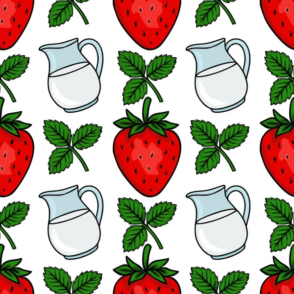 Beyaz arka planda yeşil yapraklı parlak kırmızı çilekler ve sürahiler içeren kusursuz vektör deseni taze ve neşeli bir yaz temasını çağrıştırıyor..