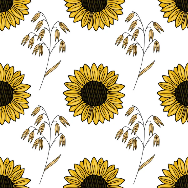 Parlak sarı ayçiçekleri ve temiz beyaz arka planda narin yulaf saplarını içeren kusursuz vektör deseni, yaz mevsimi, doğal bir temayı çağrıştırıyor..
