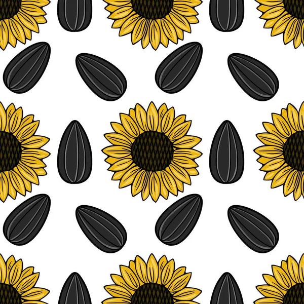 Parlak sarı ayçiçekleri ve koyu ayçiçeği tohumlarının kusursuz vektör deseni beyaz arka plana saçılmış, neşeli ve doğal bir temayı çağrıştırıyor..