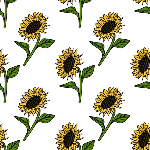 Parlak sarı taç yaprakları ve koyu kahverengi merkezli el yapımı ayçiçekleri içeren pürüzsüz vektör deseni, yeşil saplı ve yapraklı temiz beyaz bir arkaplan üzerine kuruludur..