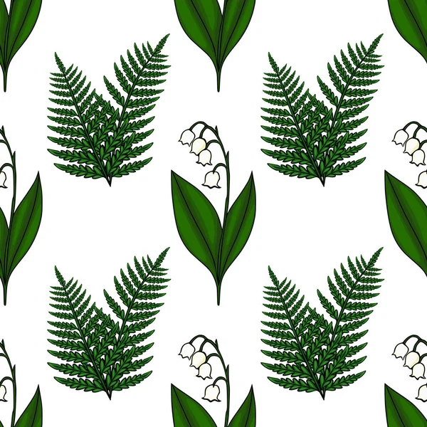 Kusursuz vektör şablonu vadideki çiçeklerin narin beyaz zambaklarını ve temiz beyaz arka planda yemyeşil eğreltiotu yapraklarını içerir..