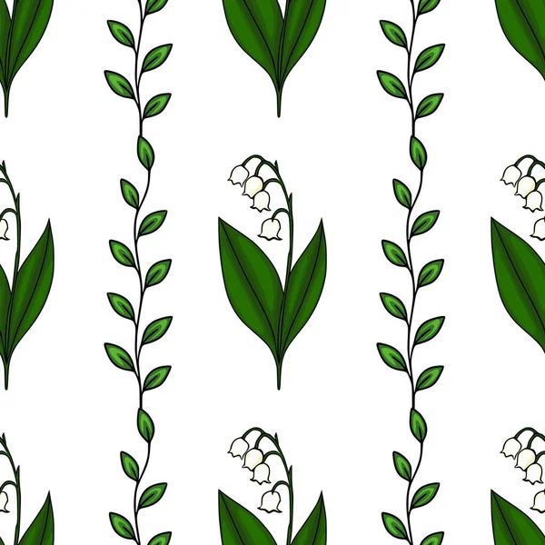 Vadi çiçeklerinin narin zambakları ve yapraklı sade yeşil sapları içeren kusursuz bir vektör deseni var..