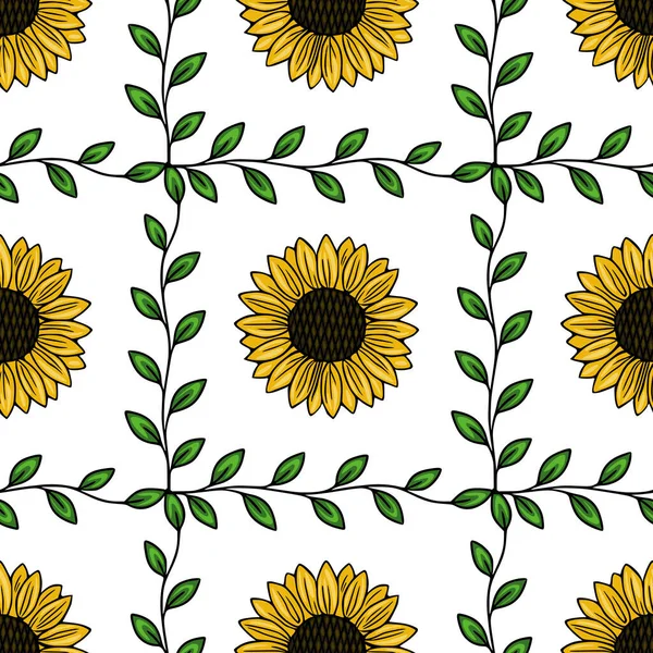 Parlak sarı ayçiçekleri ve narin yeşil yaprakları içeren büyüleyici, pürüzsüz bir vektör deseni neşeli ve organik bir arkaplan oluşturuyor..