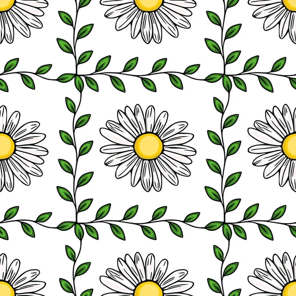 Temiz beyaz arka planda parlak sarı merkezleri ve narin yeşil yapraklı dalları olan kusursuz beyaz papatya desenleri taze, doğal ve neşeli bir bahar estetiğini çağrıştırıyor..