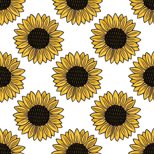 Canlı, pürüzsüz, neşeli ayçiçeği deseni. Detaylı sarı yapraklar ve temiz beyaz arka planda koyu dokulu merkezler..