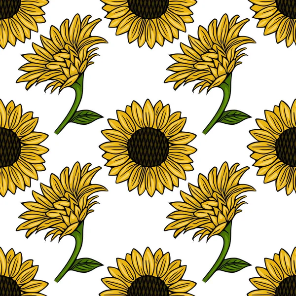Canlı sarı ayçiçekleri, detaylı taç yaprakları ve yeşil gövdelerle dolu neşeli bir vektör deseni, temiz beyaz bir arka plana karşı, yaz ve doğa duygusunu çağrıştırıyor..