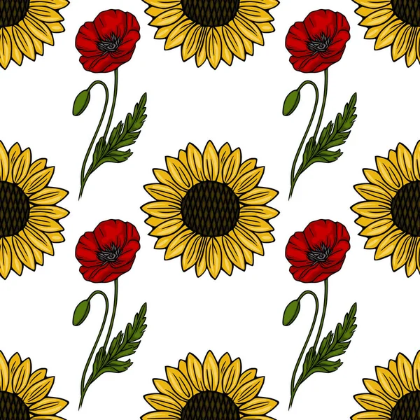 Parlak kırmızı gelincikler ve yeşil saplı neşeli sarı ayçiçekleri ve temiz beyaz arka planda yaprakları içeren kusursuz vektör deseni.