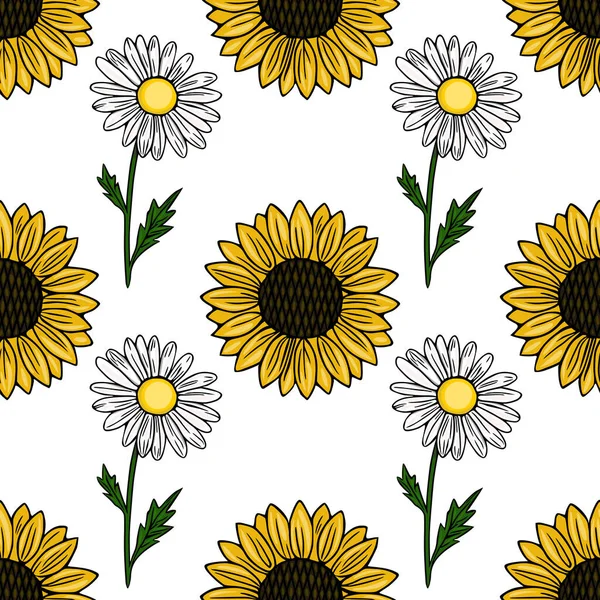 Canlı ayçiçeklerinin kusursuz vektör deseni ve yeşil saplı narin papatyalar ve temiz beyaz arka planda yapraklar neşeli bir yaz bahçesi estetiğini çağrıştırıyor..