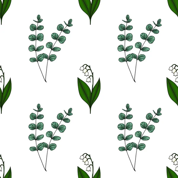 Vadinin narin zambakları ve beyaz bir arka planda okaliptüs dalları içeren kusursuz vektör deseni..