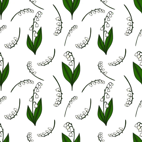 Vadi çiçeklerinin narin zambaklarının kusursuz vektör deseni ve beyaz arka planda yeşil yapraklar baharın narin çiçeklerini yakalıyor..