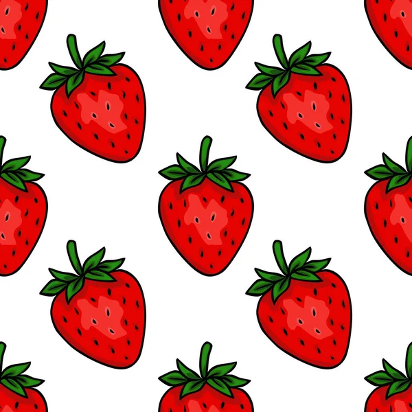 Yeşil yapraklı ve siyah tohumlu canlı kırmızı çileklerin kusursuz vektör deseni, temiz beyaz arka planda, koyu, resimsel bir tarzda yapılmış..