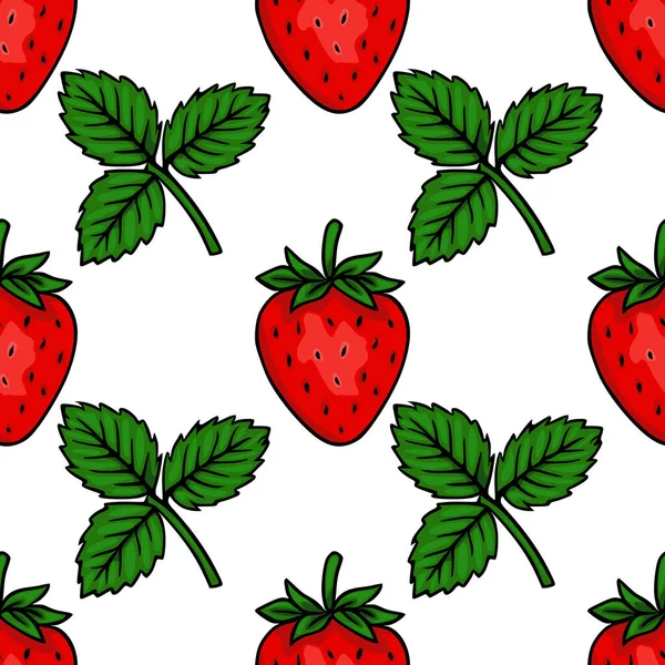Temiz beyaz arka planda yeşil yapraklı canlı kırmızı çilekler içeren kusursuz vektör deseni, yemek temalı tasarımlar için ideal..