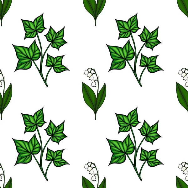 Kusursuz yeşil sarmaşık yaprakları ve beyaz çiçekli vadi çiçekleri içeren kusursuz vektör deseni, bahar ve doğa temalı tasarımlar için mükemmel..