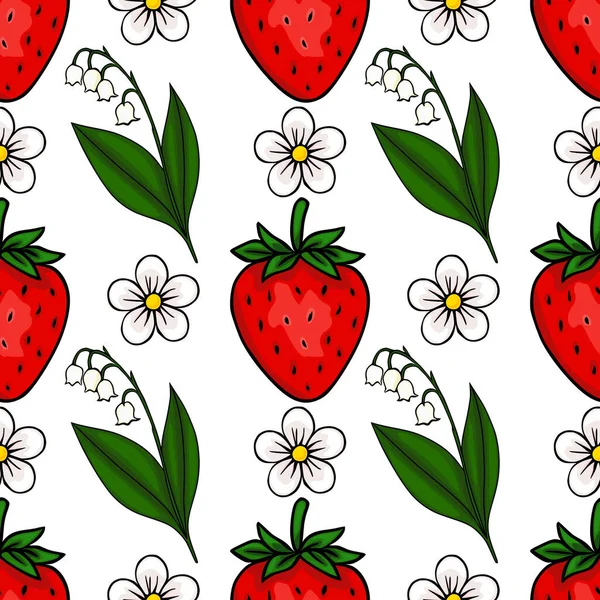 Pürüzsüz vektör deseninde canlı kırmızı çilekler ve temiz beyaz arka planda yeşil yaprakları olan vadi çiçeklerinin narin beyaz zambakları var..