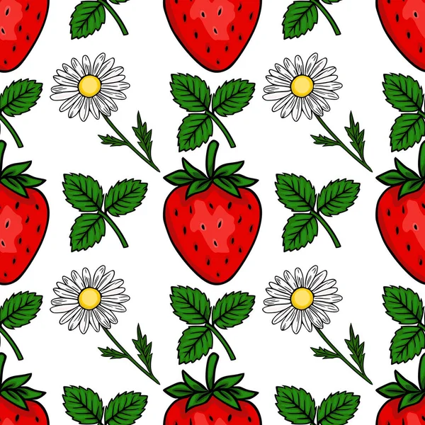 Olgun çilekler ve yeşil yapraklı narin papatyalarla bembeyaz bir arkaplan oluşturan büyüleyici bir vektör deseni..