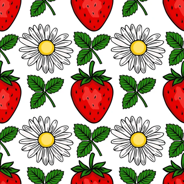 Kusursuz kırmızı çilek deseni ve temiz beyaz arka planda yeşil yapraklı narin beyaz papatyalar..