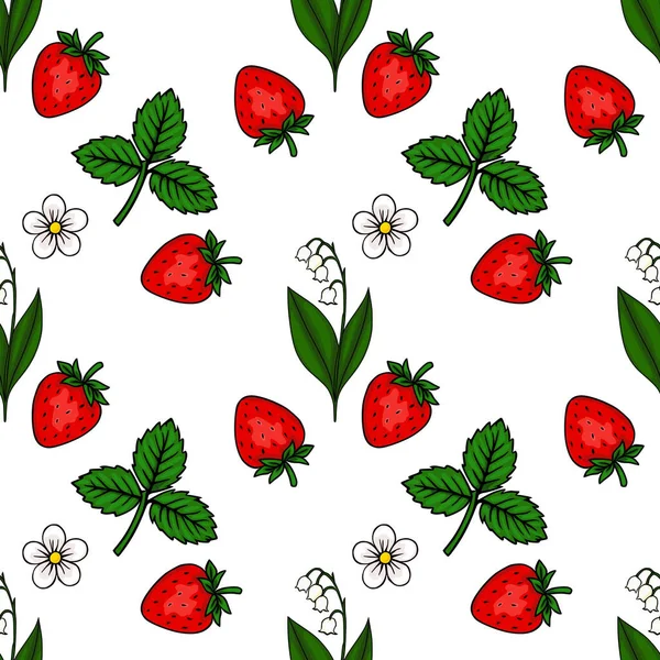 Canlı kırmızı çilekler, narin beyaz çiçekler ve yemyeşil yaprakların ortasında yetişen zarif zambaklar içeren kusursuz vektör deseni..