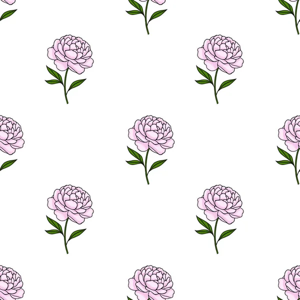 Beyaz arka planda yeşil yapraklı zarif pembe şakayık çiçekli vektör deseni, kusursuz yinelemeye uygun..