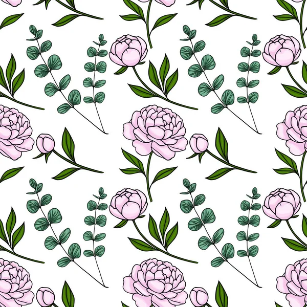 Hassas pembe şakayık ve okaliptüs dalı vektörsüz desenli ince gölgelemeli ve temiz hatlı..