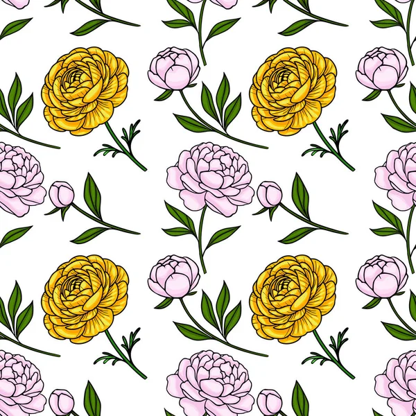 Parlak sarı ranunculus ve beyaz arka planda yeşil yapraklı pembe şakayıklardan oluşan kusursuz vektör deseni..