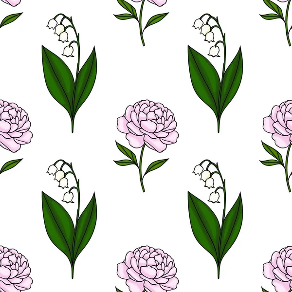 Zarif pembe şakayık çiçekleri ve temiz beyaz arka planda canlı yeşil yapraklarla dolu vadi çiçekleri içeren zarif beyaz zambak deseni..