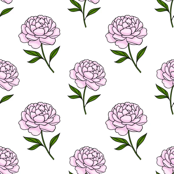 Kusursuz vektör deseni beyaz arka planda yeşil yapraklı hassas pembe şakayıklar içeriyor..