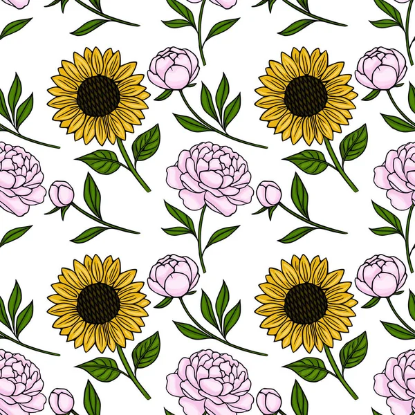 Kusursuz vektör deseni, neşeli ayçiçekleri ve beyaz arka planda yeşil yapraklı pembe şakayıklar içerir..