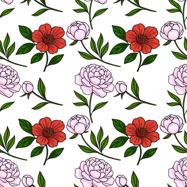 Kusursuz pembe şakayık deseni ve beyaz arka planda yeşil yapraklı canlı kırmızı çiçekler..