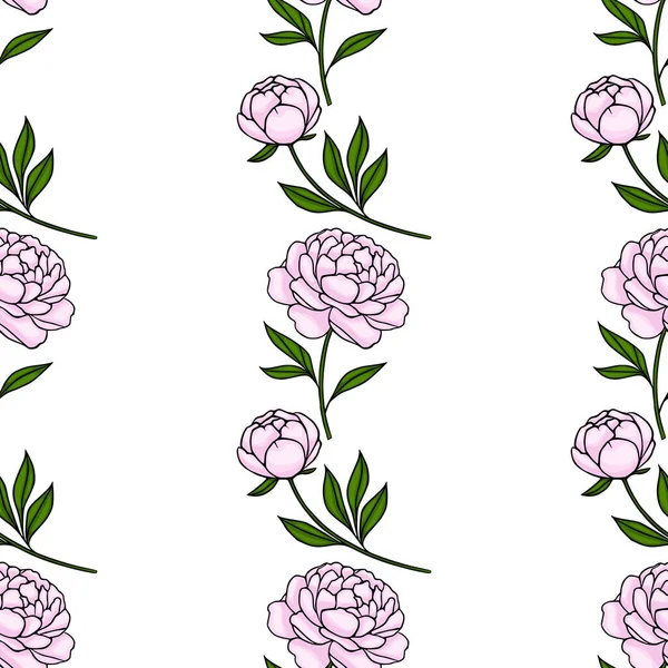 Hassas pembe şakayık çiçekleri ve yeşil yapraklar çiçek tasarımı ve tekstil için uygun beyaz arka planda kusursuz bir şekilde tekrarlanan vektör deseni..