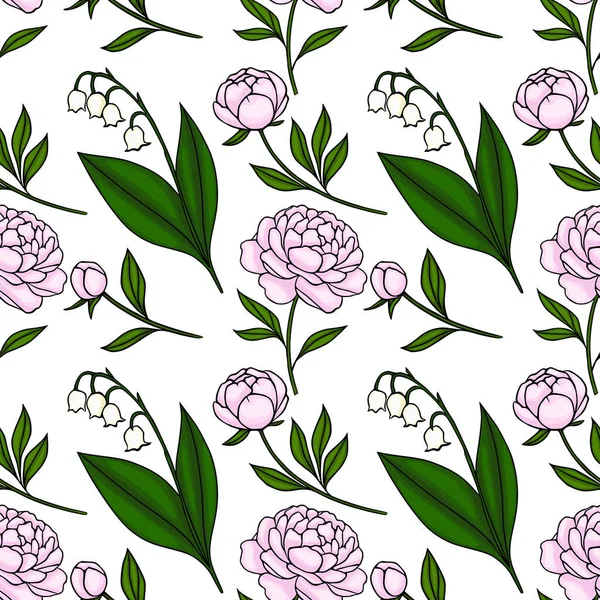 Kusursuz pembe şakayık desenleri ve beyaz arka planda yemyeşil yaprakları olan çiçek açan vadi çiçekleri..