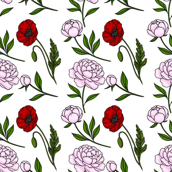 Hassas pembe şakayıklar ve yeşil yapraklı ve beyaz arka planda tomurcukları olan canlı kırmızı gelincikler içeren kusursuz bir vektör deseni..