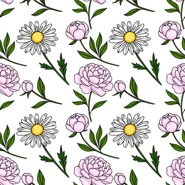 Beyaz arka planda yeşil yapraklı pembe şakayıklar ve beyaz papatyalar içeren kusursuz bir vektör deseni var..