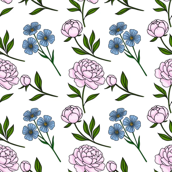 Hassas pembe şakayıklar ve beyaz arka planda yeşil yapraklı küçük mavi çiçekleri içeren kusursuz vektör deseni büyüleyici bir bahar estetiğini çağrıştırıyor..