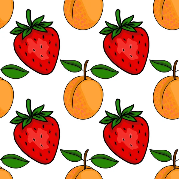 Canlı kırmızı çilekler ve beyaz arka planda yeşil yapraklı sulu turuncu kayısıların kusursuz vektör deseni..
