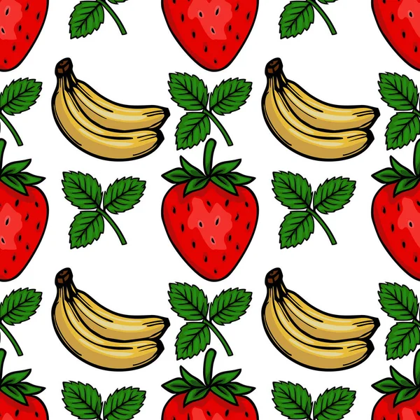 Canlı kırmızı çilekler ve temiz beyaz arka planda yeşil yapraklı sarı muzlar içeren kusursuz vektör deseni taze ve neşeli bir yaz meyvesi temasını çağrıştırıyor..