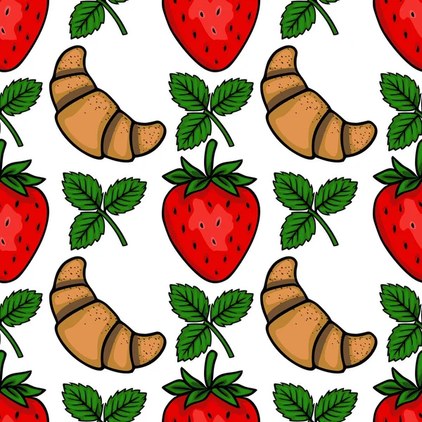 Beyaz arka planda yeşil yapraklı stilize kırmızı çilekler ve altın kruvasan içeren kusursuz vektör deseni.