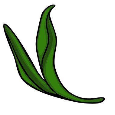 Koyu siyah çizgilerle biçimlendirilmiş yeşil yapraklar, beyaz arkaplanda basit bir vektör çizimi olarak sunuluyor..