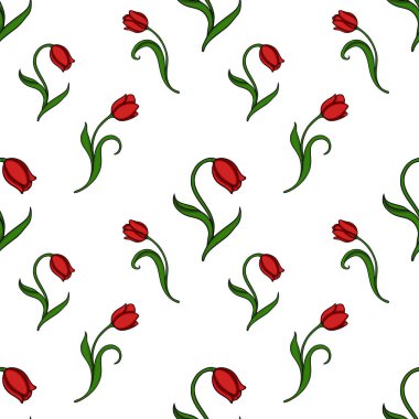 Yeşil saplı ve yapraklı kusursuz kırmızı laleler, bahar çiçekleri temasını çağrıştırıyor..