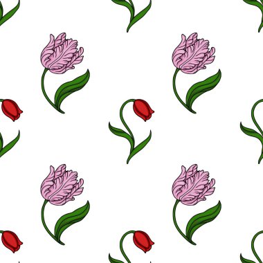 Kusursuz vektör deseni, narin pembe papağan laleleri ve gür yeşil yapraklı parlak yeşil laleler içeren bahar temalı tasarımlar için mükemmel..
