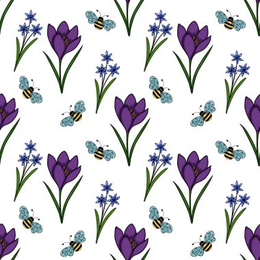 Çiçek açan mor timsahların kusursuz vektör deseni ve şakacı yaban arılarıyla narin mavi scilla çiçekleri ilkbahar büyüsünü çağrıştırıyor..