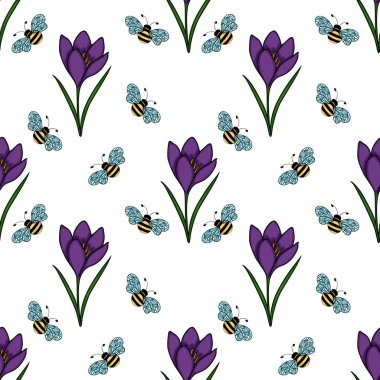 Mor timsahlar ve kaprisli arılar içeren büyüleyici, pürüzsüz bir vektör deseni neşeli bir bahar atmosferini çağrıştırıyor..