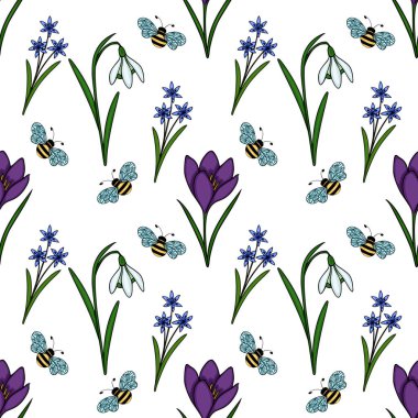 Beyaz bir arka planda, timsahlar, kardamlaları ve scillas gibi bahar çiçeklerinin eşlik ettiği büyüleyici, pürüzsüz bir vektör deseni var..