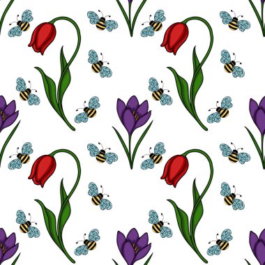 Garip arılar, çiçek açan laleler ve timsahlar içeren kusursuz vektör deseni neşeli bir bahar bahçesi sahnesini çağrıştırıyor..