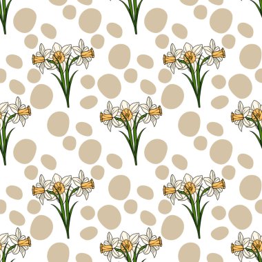 Beyaz arka planda elle çizilmiş nergis ve soyut bej organik şekiller içeren kusursuz vektör deseni.