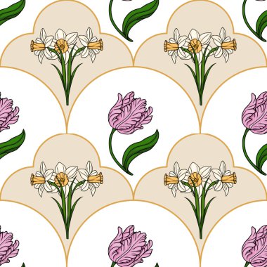 Zarif beyaz nergisler ve canlı pembe laleler içeren büyüleyici, pürüzsüz bir vektör deseni. Tekrarlayan bir taraklı kemer motifi içinde ince bej arkaplan ve ince altın çizgiler..