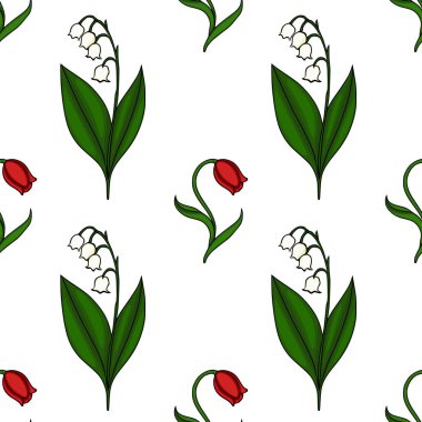 Vadinin narin zambakları ve temiz beyaz arka planda canlı kırmızı laleler içeren büyüleyici bir vektör deseni yeni ve doğal bir tasarım yaratıyor..